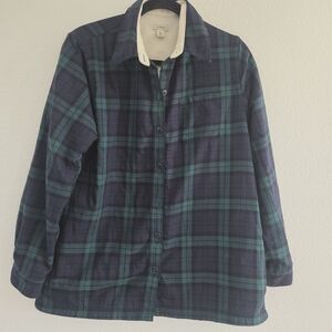 L.L. Bean Women's Plaid Flannel Fleece Lined Shirt Jacket Green Navy Size Medium
